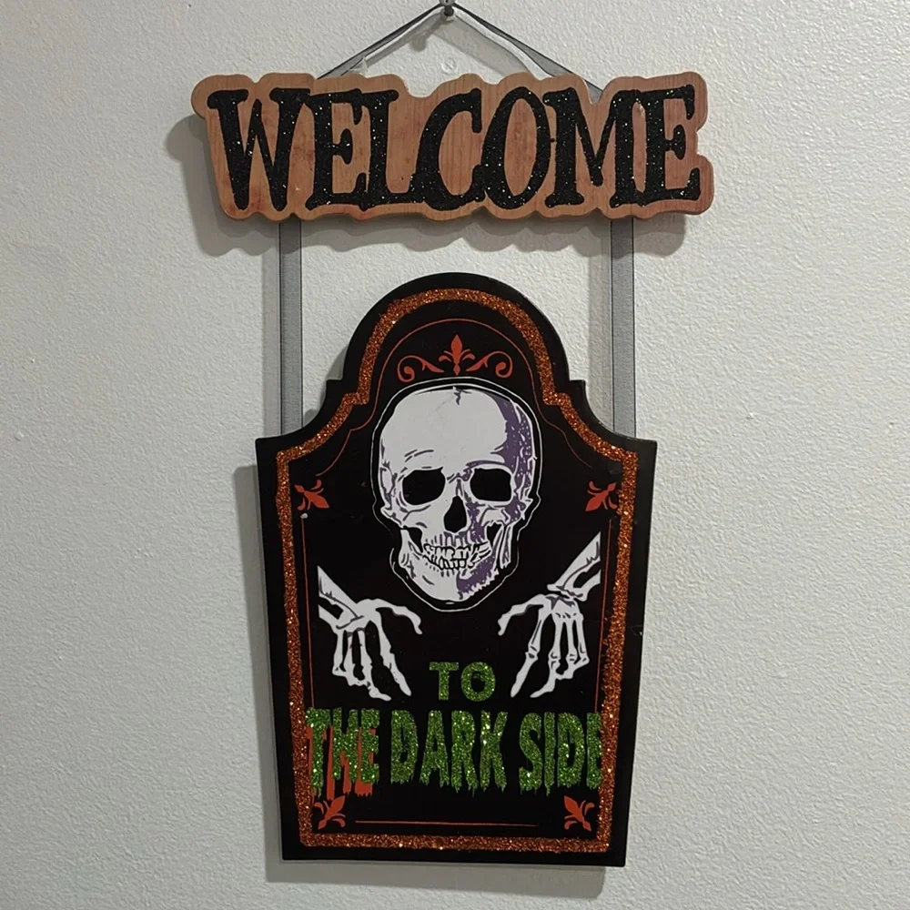 NWT-WELCOME- To The Dark Side- Glittered Wooden Tombstone Sign w/ Skeleton